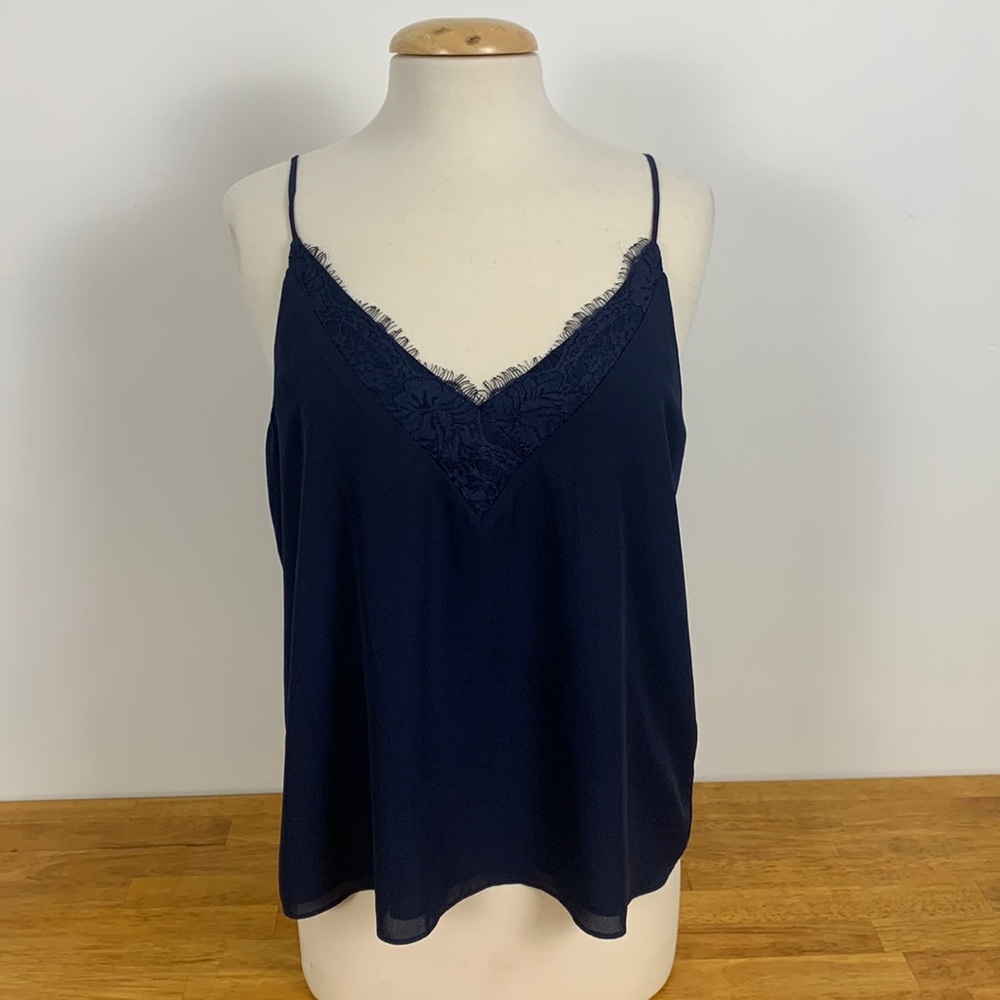 Never Worn Navy V Neck Chiffon Cami Blouse with Lace Neckline Size L